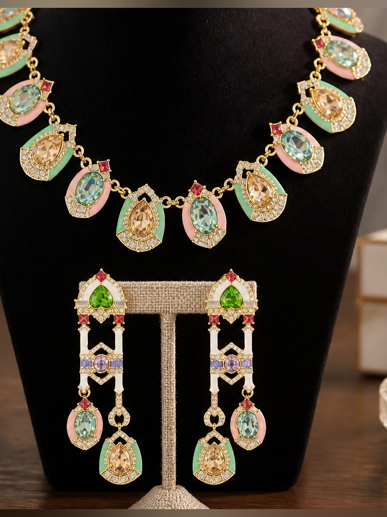 Gold Plated Pastel Teardrop Necklace & Clip-On Drop Earrings - Pink & Mint